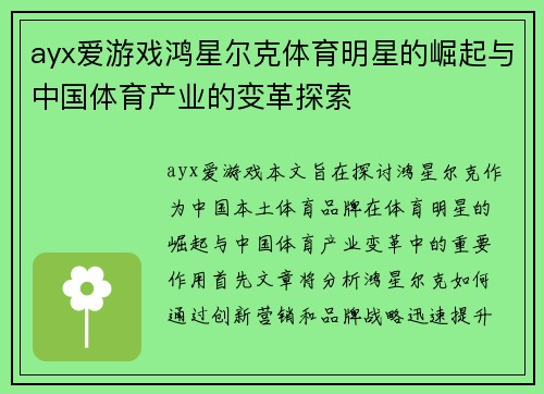 ayx爱游戏鸿星尔克体育明星的崛起与中国体育产业的变革探索